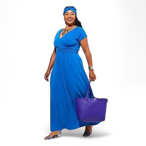 IMAN Dresses & Skirts - NWT Iman 1XL Blue V-Neck Surplice Wrap Pleated Empire Waist Maxi Dress
